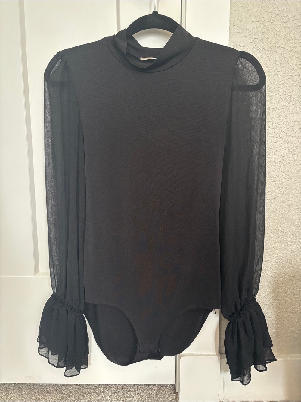 Zara Black Mock Neck Sheer-Sleeve Bodysuit with Ruffled Cuffs
